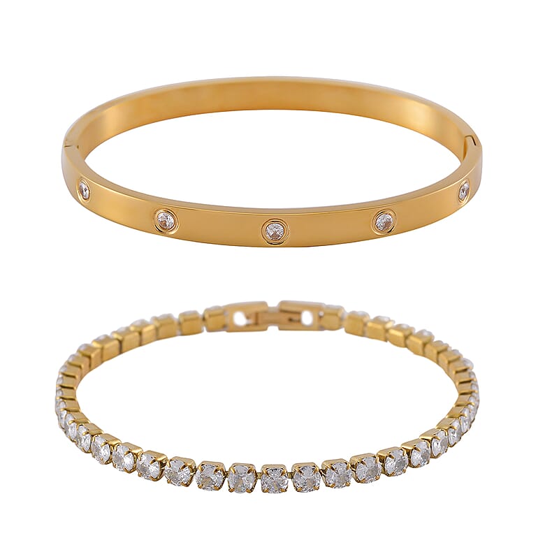 Simulated Diamond Bangle (7.25In) and Tennis Bracelet (7.50In) in ION Plated YG Stainless Steel