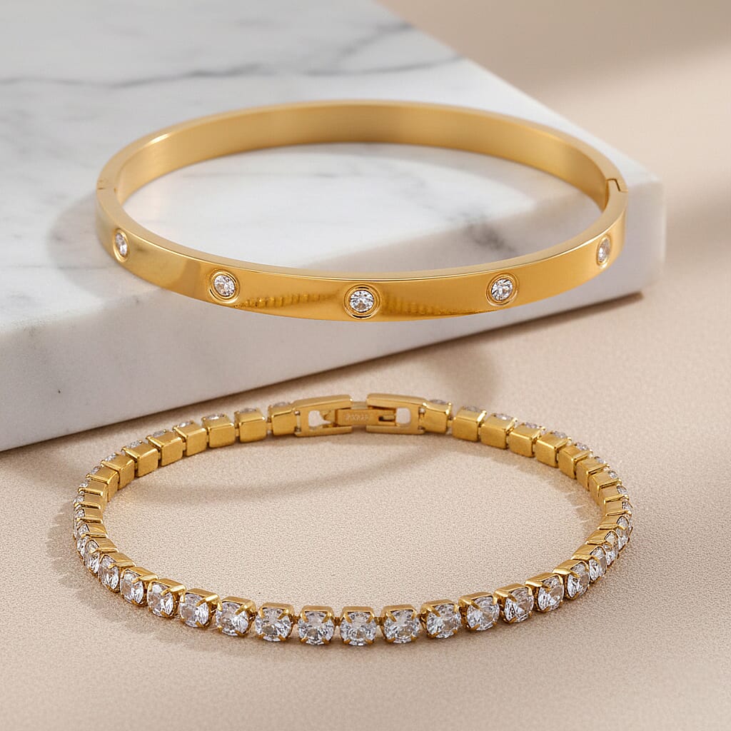 Simulated Diamond Bangle (7.25In) and Tennis Bracelet (7.50In) in ION Plated YG Stainless Steel