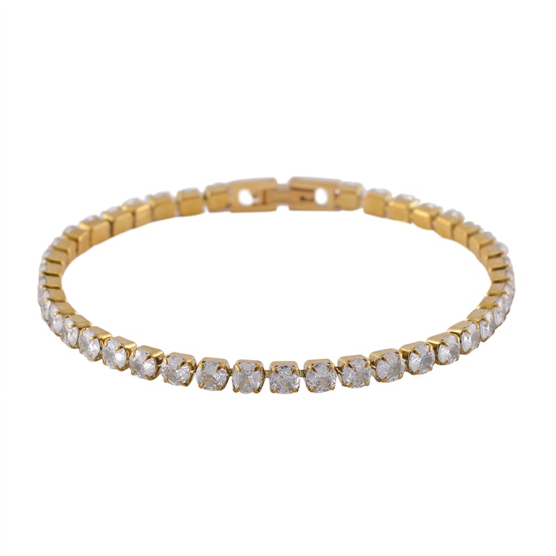 Simulated Diamond Bangle (7.25In) and Tennis Bracelet (7.50In) in ION Plated YG Stainless Steel