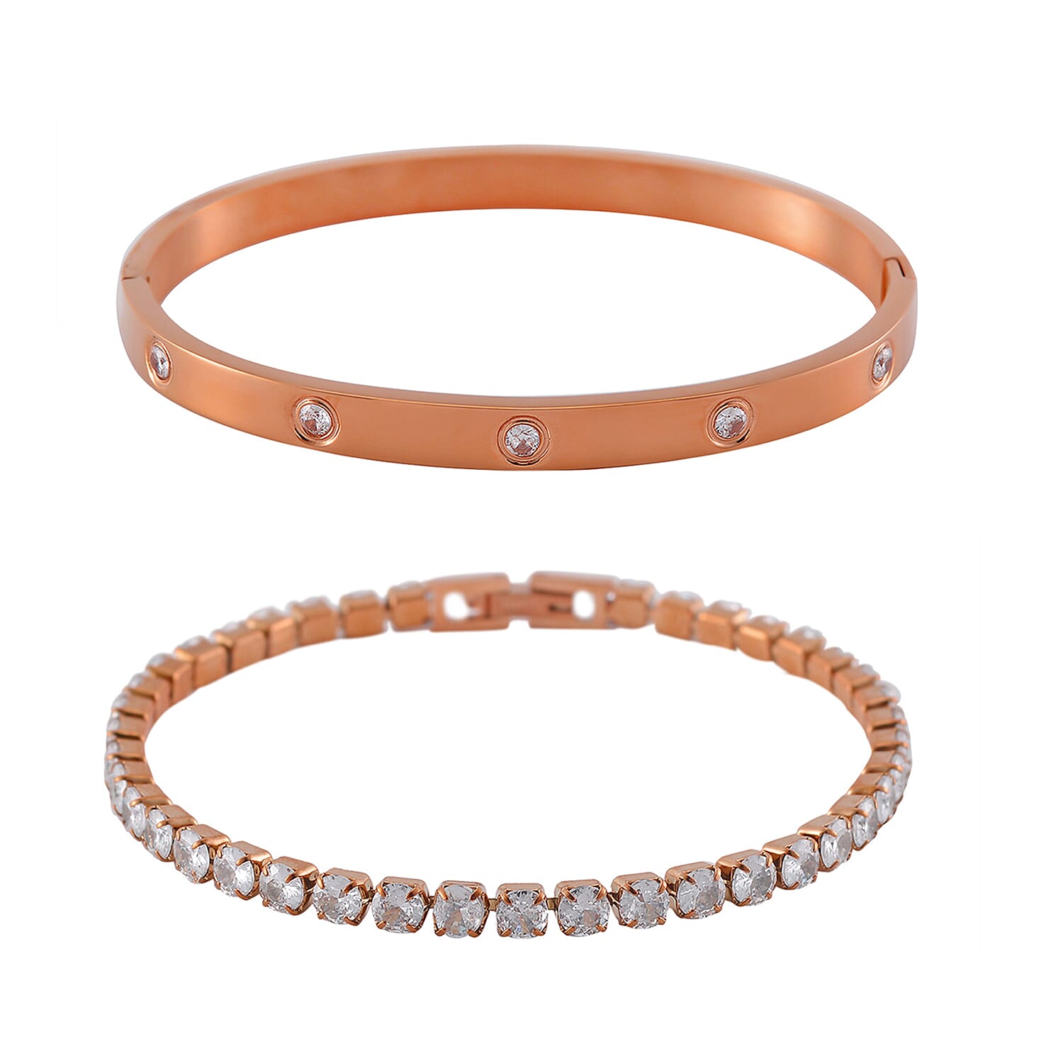 Simulated Diamond Bangle (7.25In) and Tennis Bracelet (7.50In) in Stainless Steel 17.00 ctw