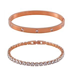 Simulated Diamond Bangle (7.25In) and Tennis Bracelet (7.50In) in ION Plated RG Stainless Steel 17.00 ctw