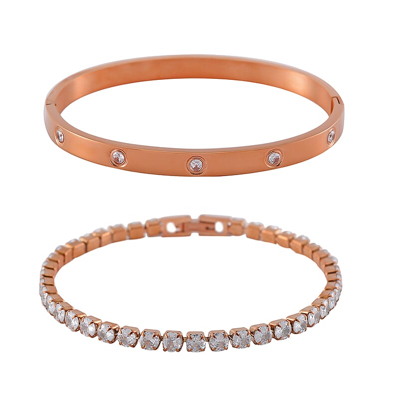 Simulated Diamond Bangle (7.25In) and Tennis Bracelet (7.50In) in ION Plated RG Stainless Steel