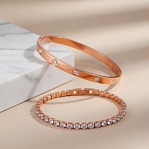 Simulated Diamond Bangle (7.25In) and Tennis Bracelet (7.50In) in ION Plated RG Stainless Steel