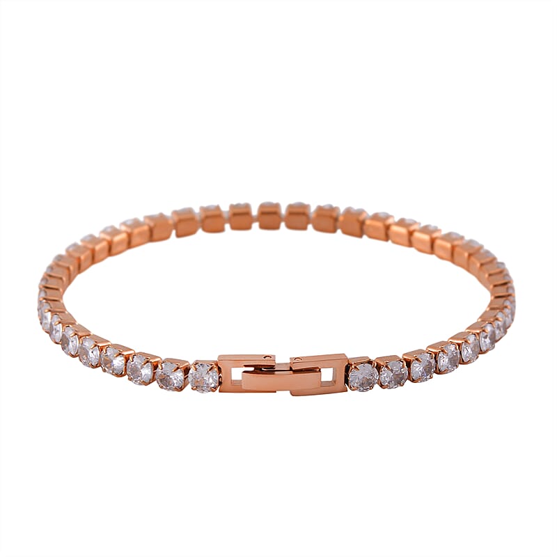 Simulated Diamond Bangle (7.25In) and Tennis Bracelet (7.50In) in ION Plated RG Stainless Steel