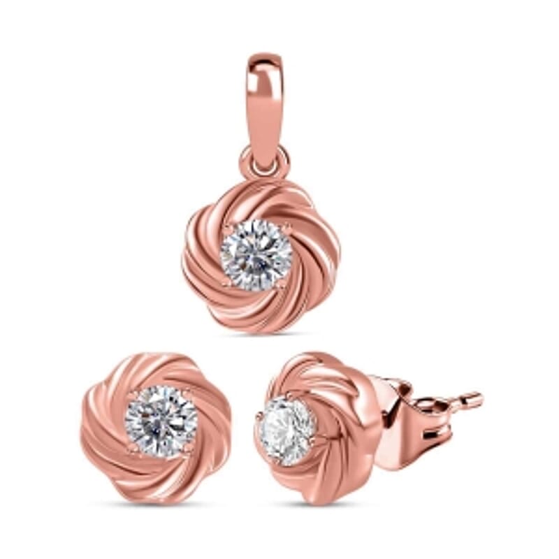 Moissanite 0.75 ctw Earrings and Pendant without Chain in Vermeil Rose Gold Over Sterling Silver