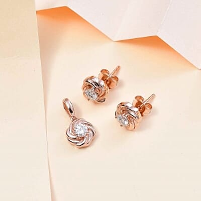 Moissanite 0.75 ctw Earrings and Pendant without Chain in Vermeil Rose Gold Over Sterling Silver
