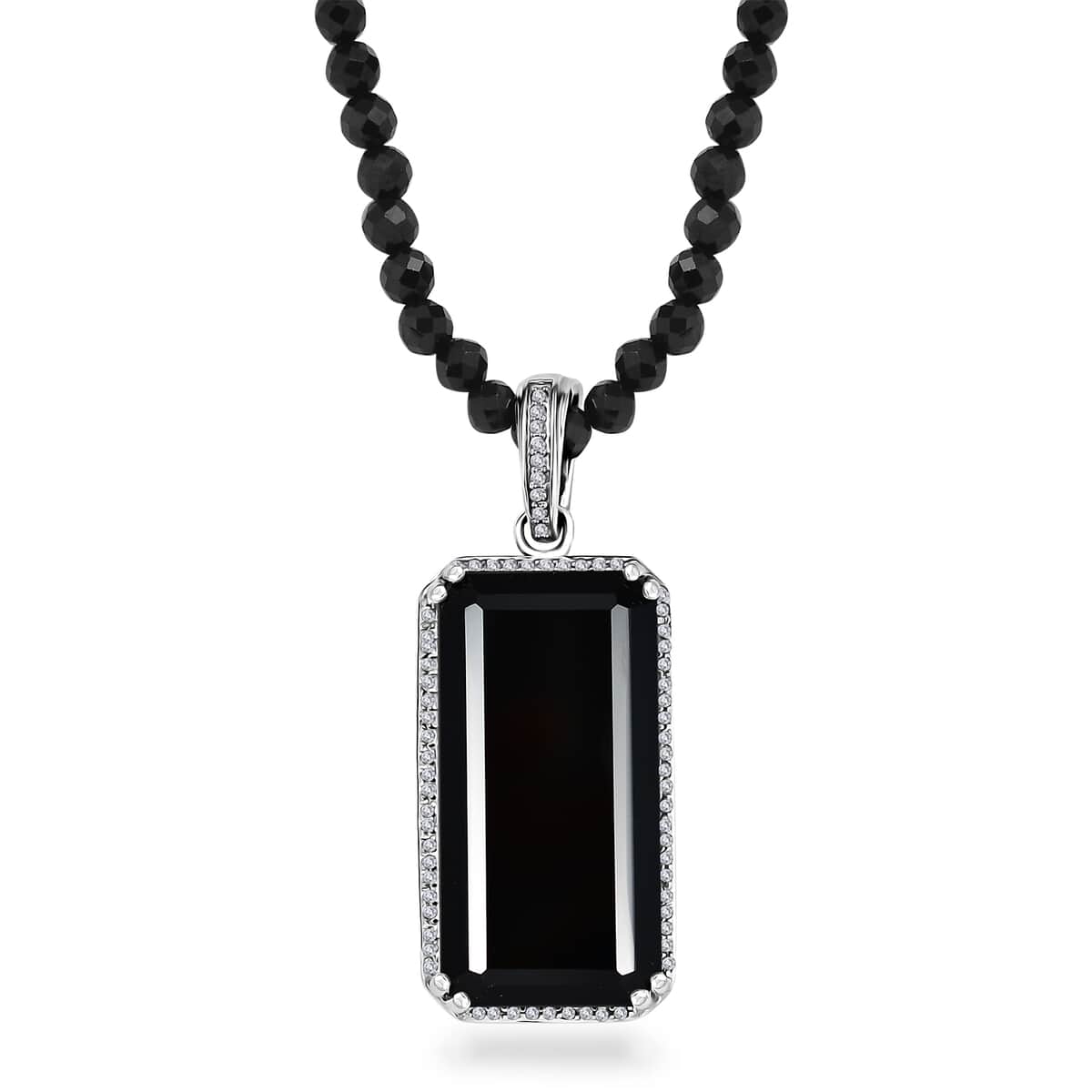 Thai Black Spinel and White Zircon Pendant with Beaded Necklace 20 Inches in Rhodium Over Sterling Silver 123.70 ctw image number 0