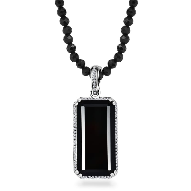 Thai Black Spinel and White Zircon Pendant with Beaded Necklace 20 Inches in Rhodium Over Sterling Silver 123.70 ctw