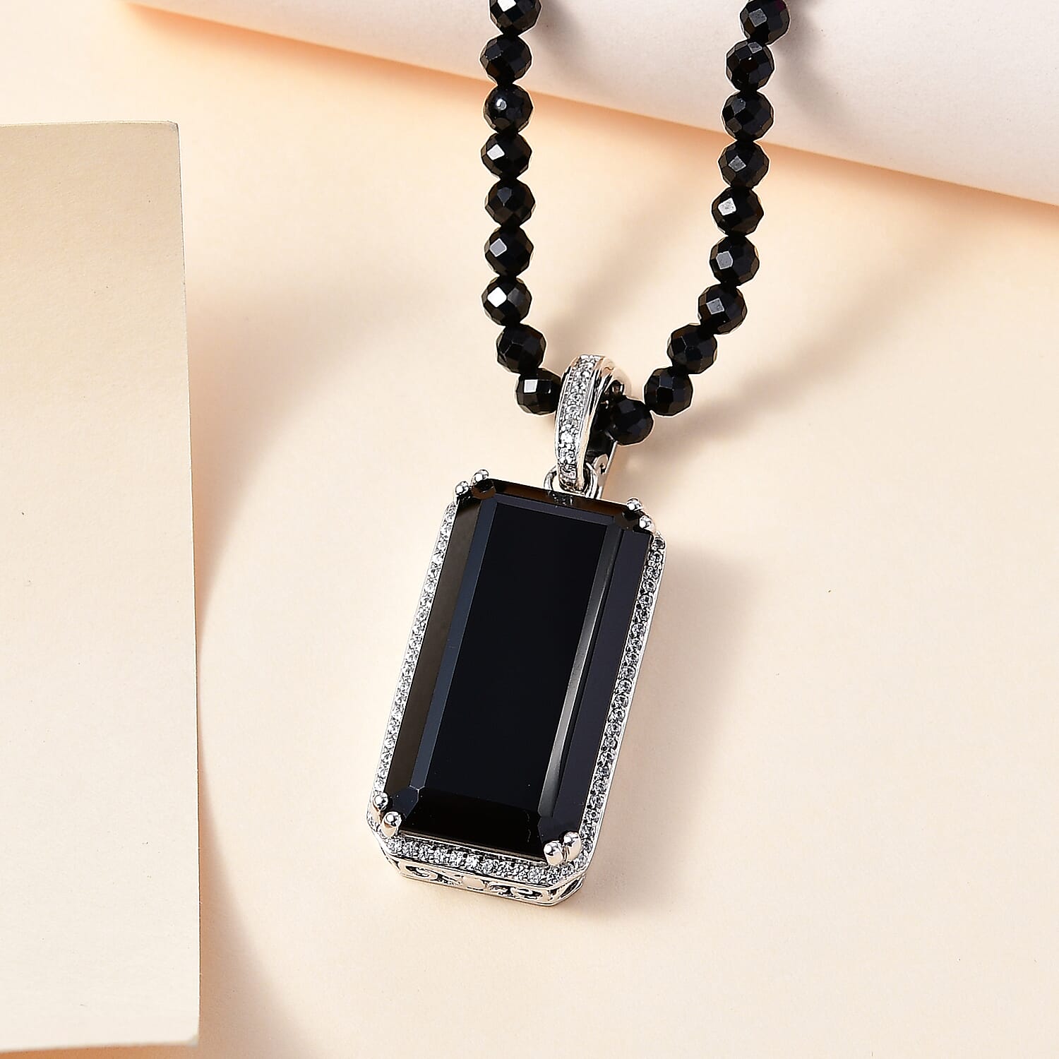 Thai Black Spinel and White Zircon Pendant with Beaded Necklace 20 Inches in Rhodium Over Sterling Silver 123.70 ctw