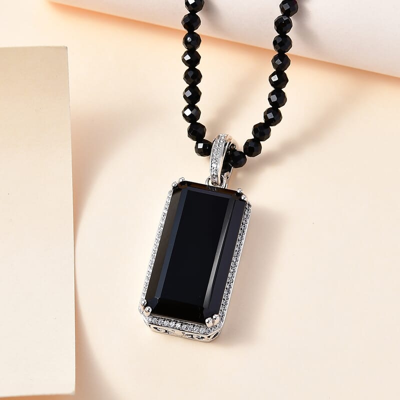 Thai Black Spinel and White Zircon Pendant with Beaded Necklace 20 Inches in Rhodium Over Sterling Silver 123.70 ctw