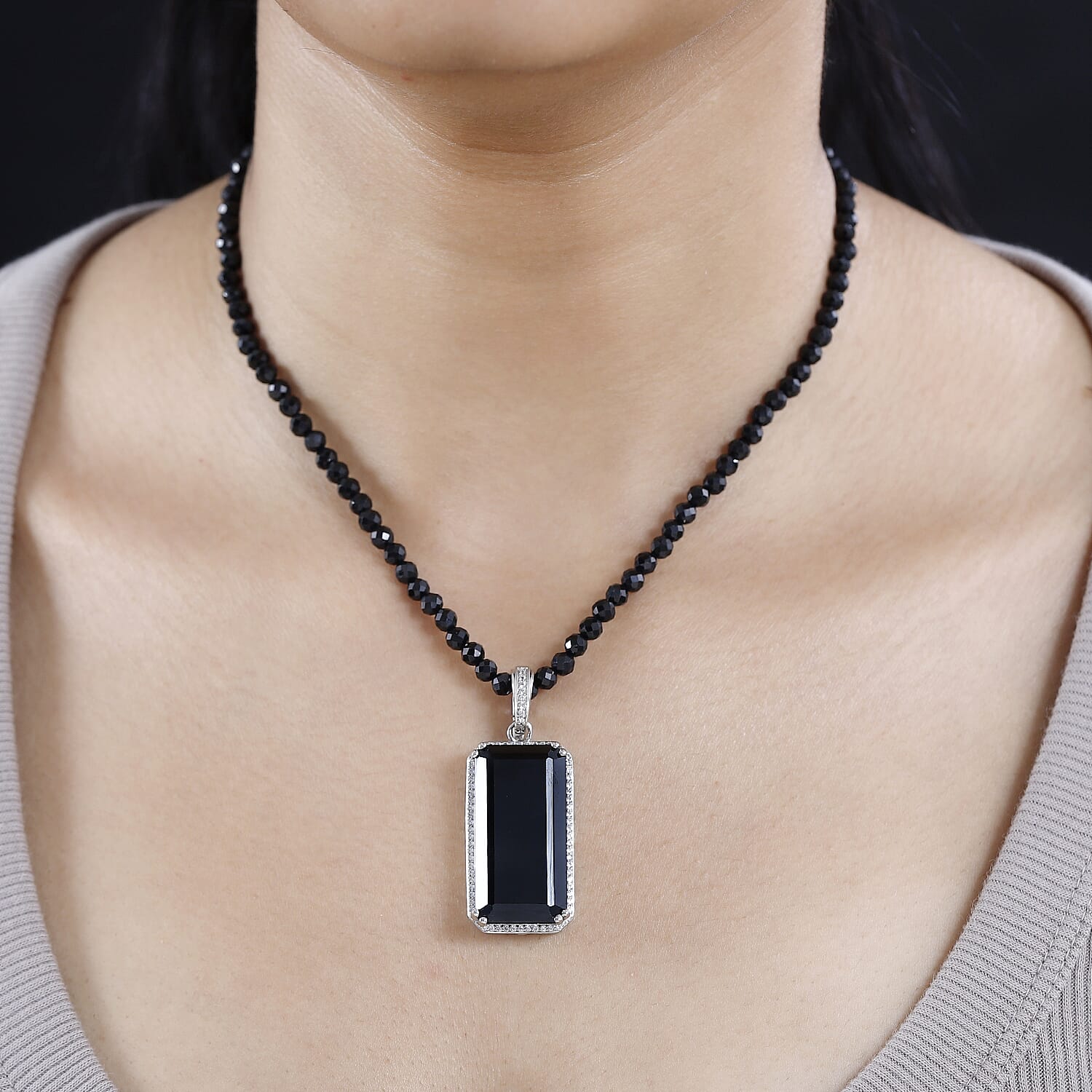 Thai Black Spinel and White Zircon Pendant with Beaded Necklace 20 Inches in Rhodium Over Sterling Silver 123.70 ctw