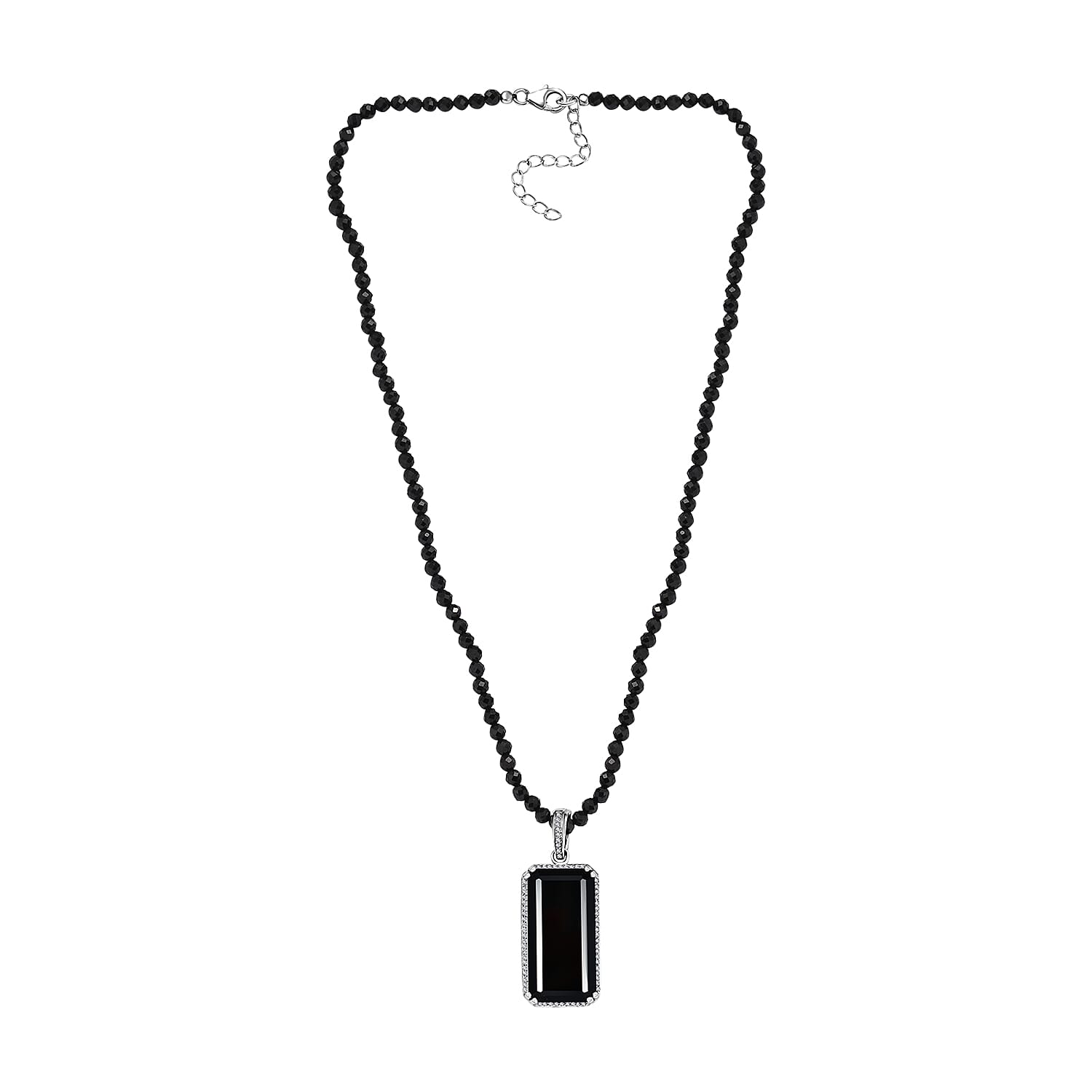 Thai Black Spinel and White Zircon Pendant with Beaded Necklace 20 Inches in Rhodium Over Sterling Silver 123.70 ctw