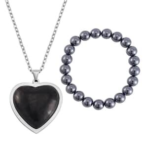 Shungite and Terahertz Beaded Stretch Bracelet, Heart Pendant Necklace 20 Inches in Stainless Steel 195.00 ctw