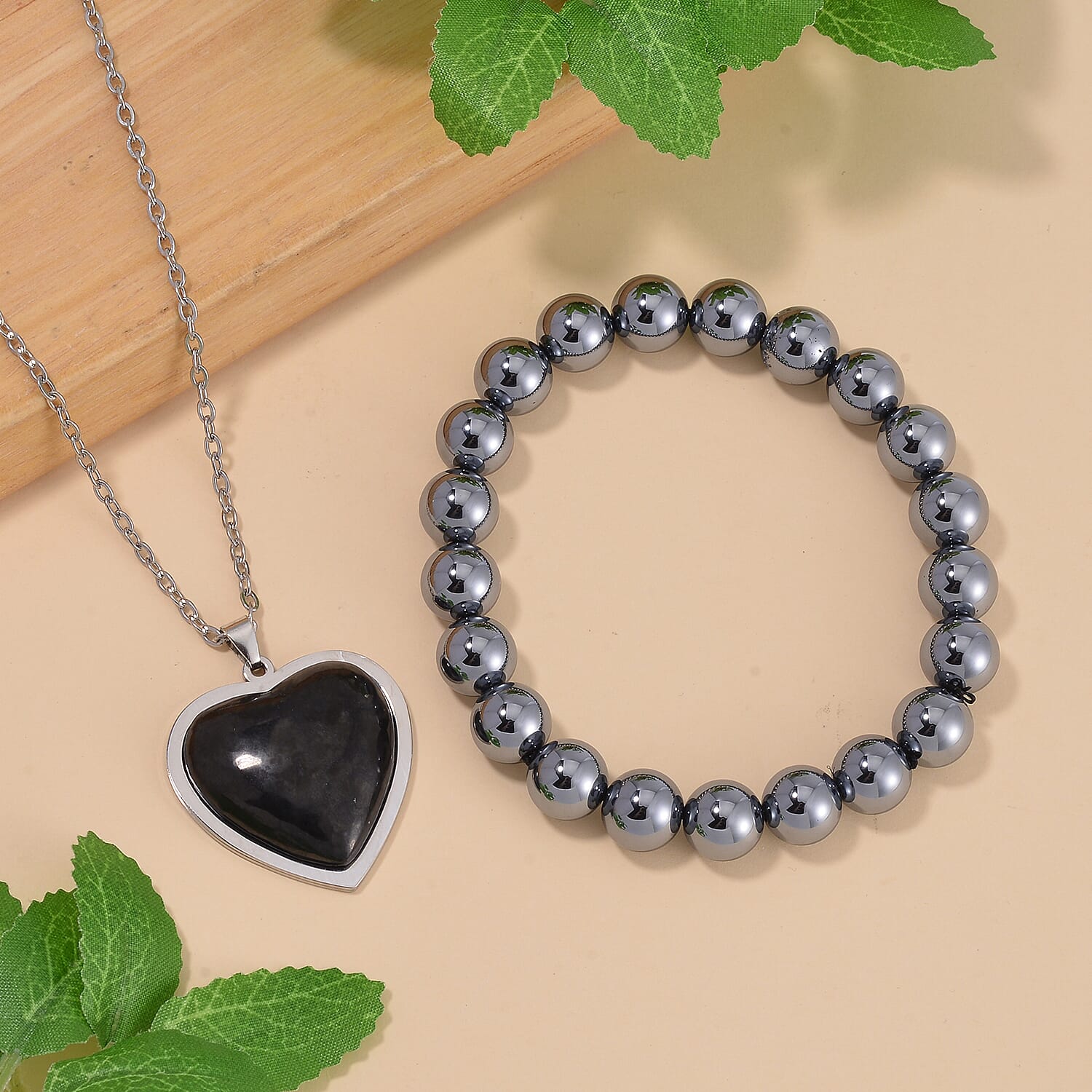 Shungite and Terahertz Beaded Stretch Bracelet, Heart Pendant Necklace 20 Inches in Stainless Steel 195.00 ctw
