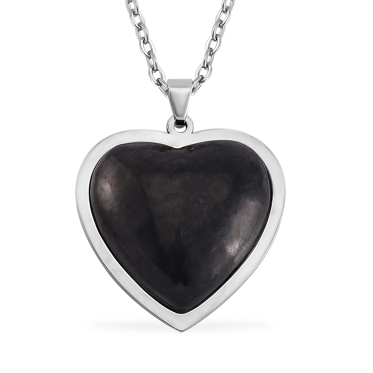 Shungite and Terahertz Beaded Stretch Bracelet, Heart Pendant Necklace 20 Inches in Stainless Steel 195.00 ctw