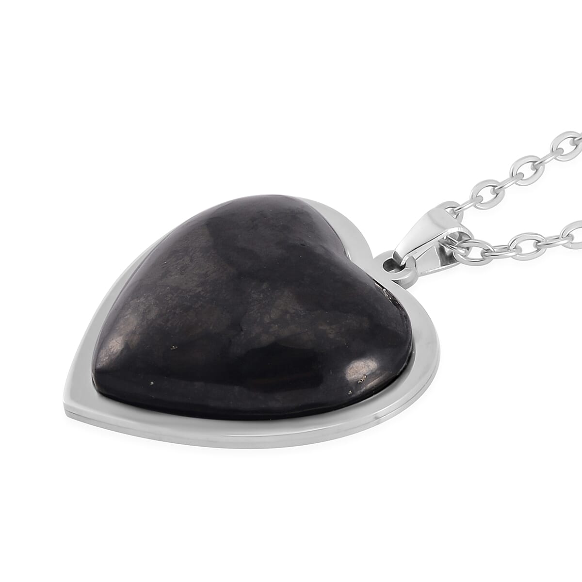 Shungite and Terahertz Beaded Stretch Bracelet, Heart Pendant Necklace 20 Inches in Stainless Steel 195.00 ctw