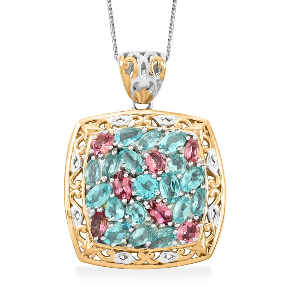 Betroka Blue Apatite, Pink Tourmaline, Diamond Pendant Necklace 20 Inches in Vermeil YG and Platinum Over Sterling Silver 5.30 ctw image number 0