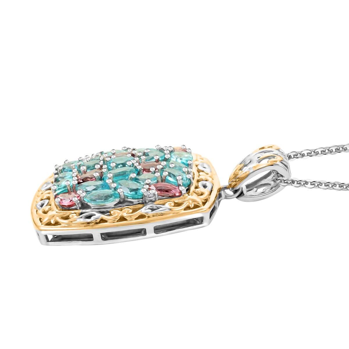 Betroka Blue Apatite, Pink Tourmaline, Diamond Pendant Necklace 20 Inches in Vermeil YG and Platinum Over Sterling Silver 5.30 ctw image number 3