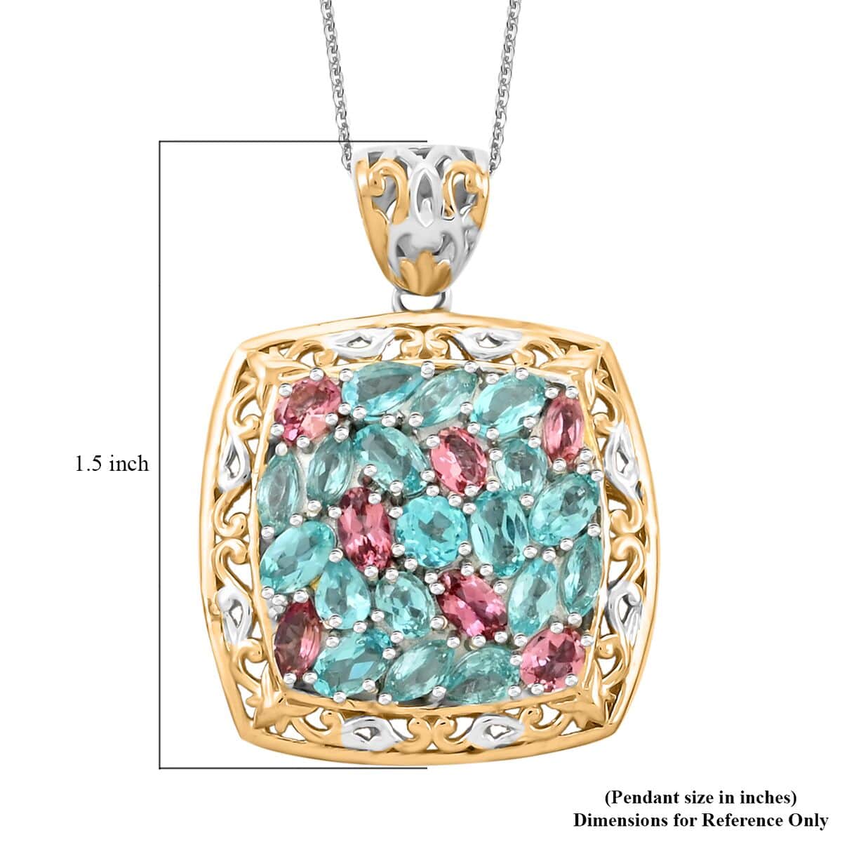 Betroka Blue Apatite, Pink Tourmaline, Diamond Pendant Necklace 20 Inches in Vermeil YG and Platinum Over Sterling Silver 5.30 ctw image number 6