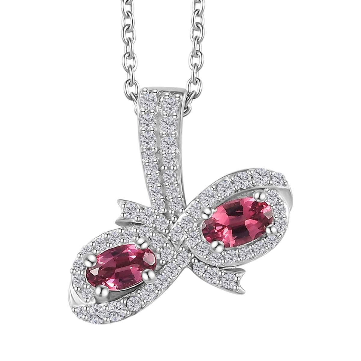 Ofiki Rubellite and White Zircon Pendant Necklace 20 Inches in Platinum Over Sterling Silver 1.00 ctw image number 0