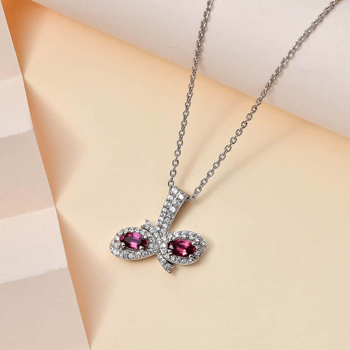 Ofiki Rubellite and White Zircon Pendant Necklace 20 Inches in Platinum Over Sterling Silver 1.00 ctw image number 1