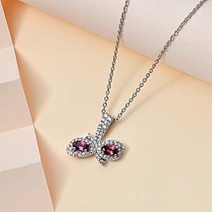 Ofiki Rubellite and White Zircon Pendant Necklace 20 Inches in Platinum Over Sterling Silver 1.00 ctw