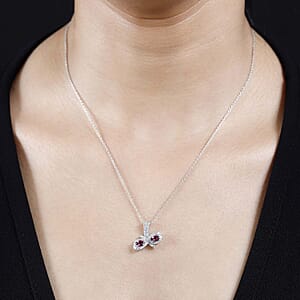 Ofiki Rubellite and White Zircon Pendant Necklace 20 Inches in Platinum Over Sterling Silver 1.00 ctw