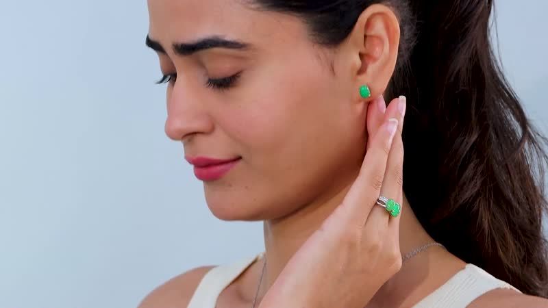 Green Jade Stud Earrings, 3 Stone Ring (Size 10) and Pendant Necklace (20 Inches) in Rhodium Over Sterling Silver 10.00 ctw