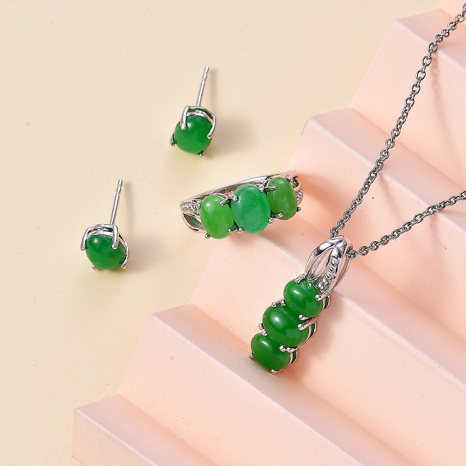 Green Jade (D) 10.00 ctw Stud Earrings, 3 Stone Ring (Size 5) and Pendant Necklace 20 Inches in Rhodium Over Sterling Silver