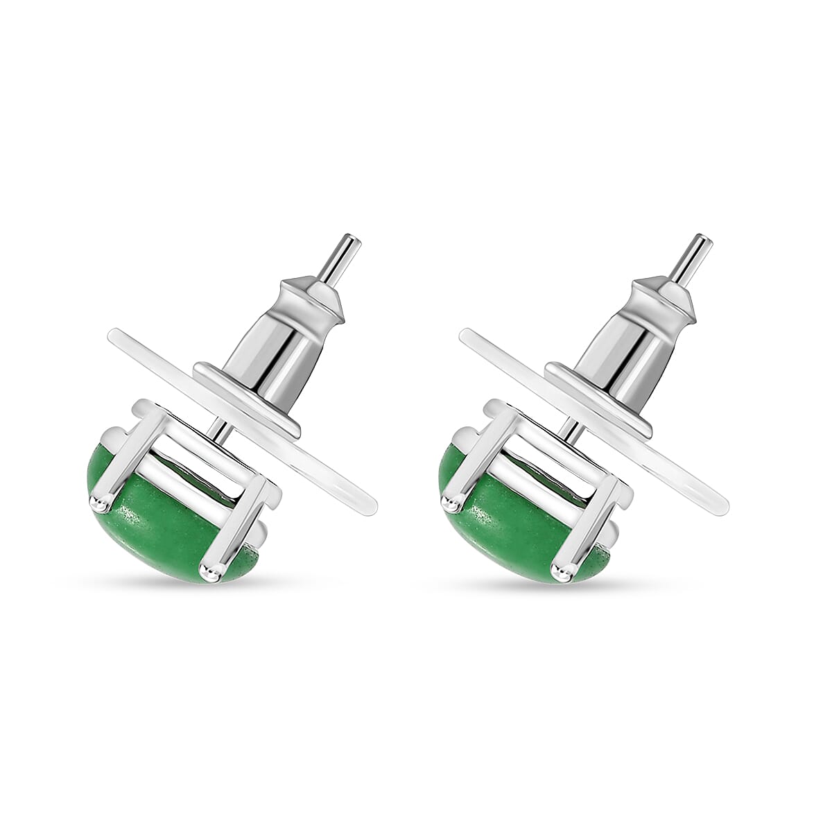 Green Jade (D) 10.00 ctw Stud Earrings, 3 Stone Ring (Size 5) and Pendant Necklace 20 Inches in Rhodium Over Sterling Silver