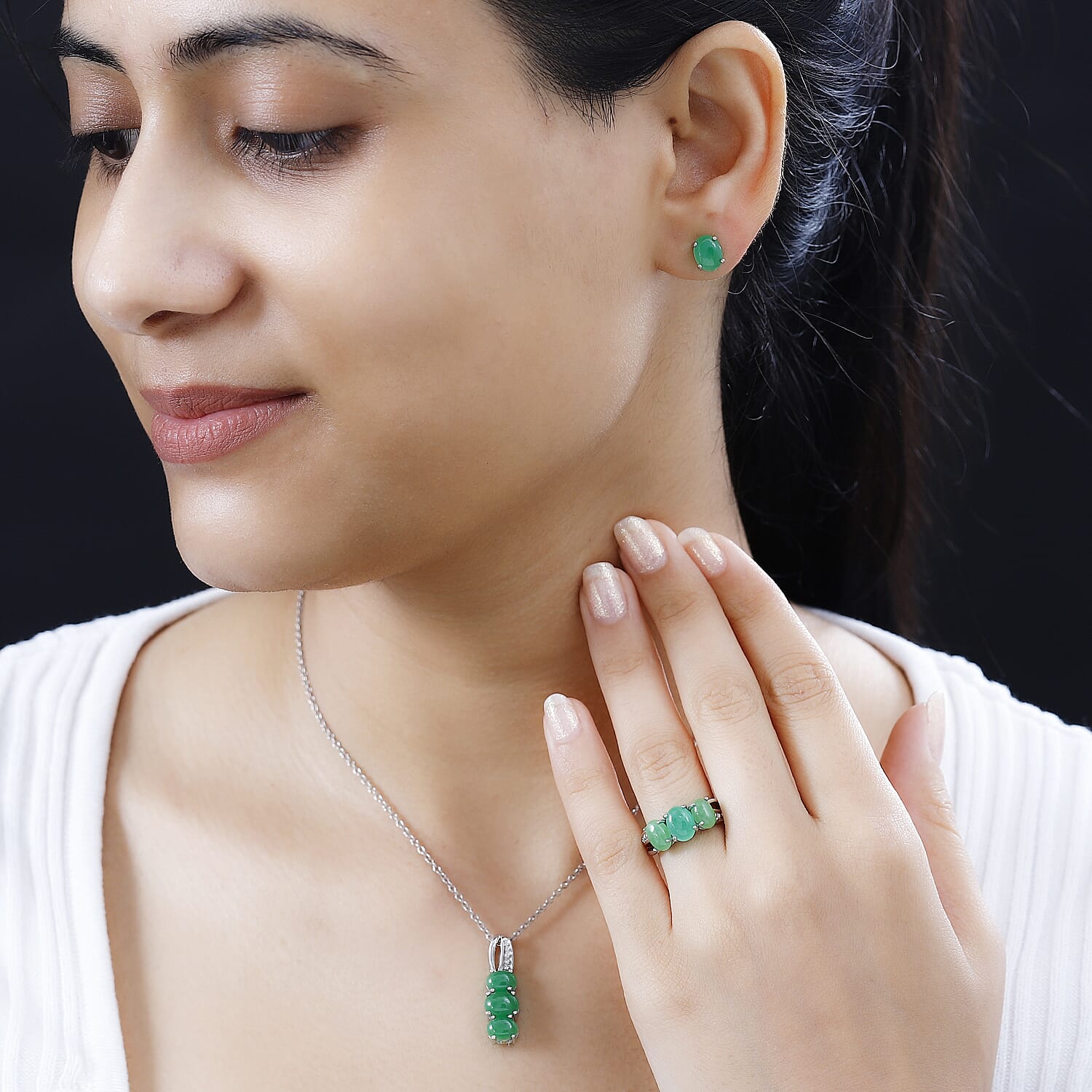 Green Jade (D) 10.00 ctw Stud Earrings, 3 Stone Ring (Size 5) and Pendant Necklace 20 Inches in Rhodium Over Sterling Silver