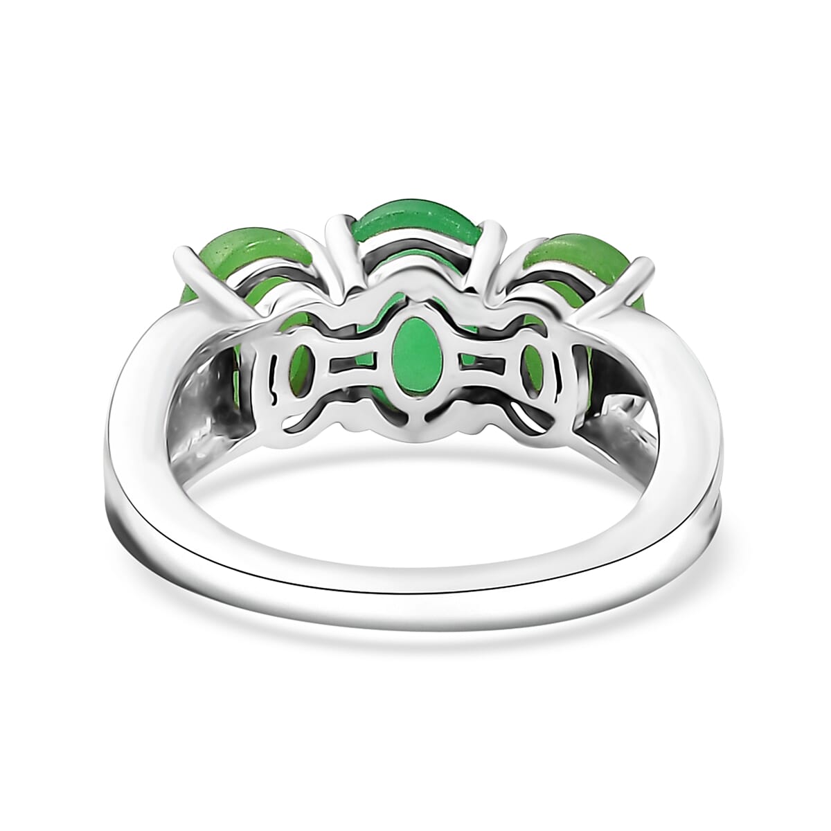 Green Jade (D) 10.00 ctw Stud Earrings, 3 Stone Ring (Size 5) and Pendant Necklace 20 Inches in Rhodium Over Sterling Silver
