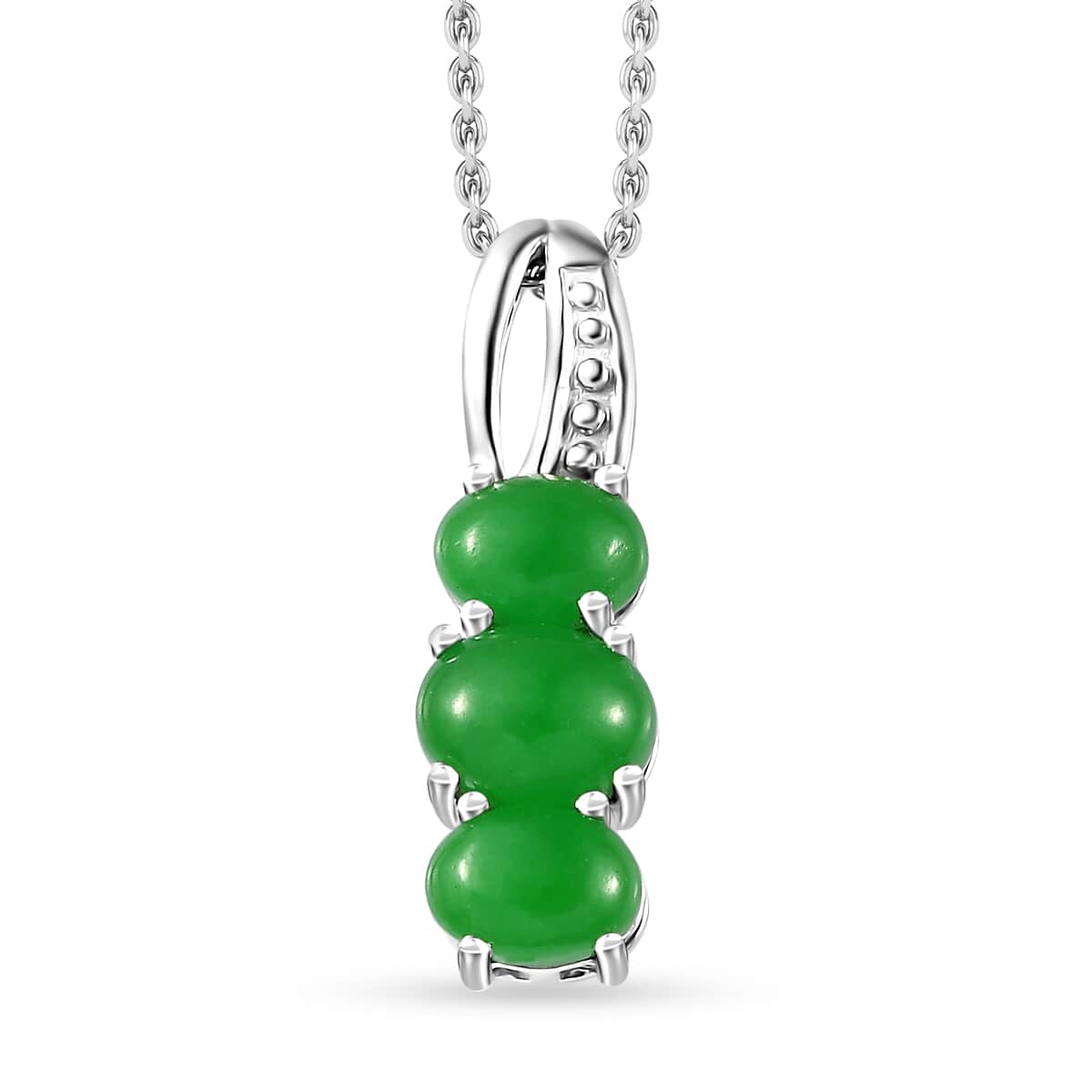 Green Jade (D) Stud Earrings, 3 Stone Ring (Size 5) and Pendant Necklace 20 Inches in Rhodium Over Sterling Silver 10.40 ctw image number 7