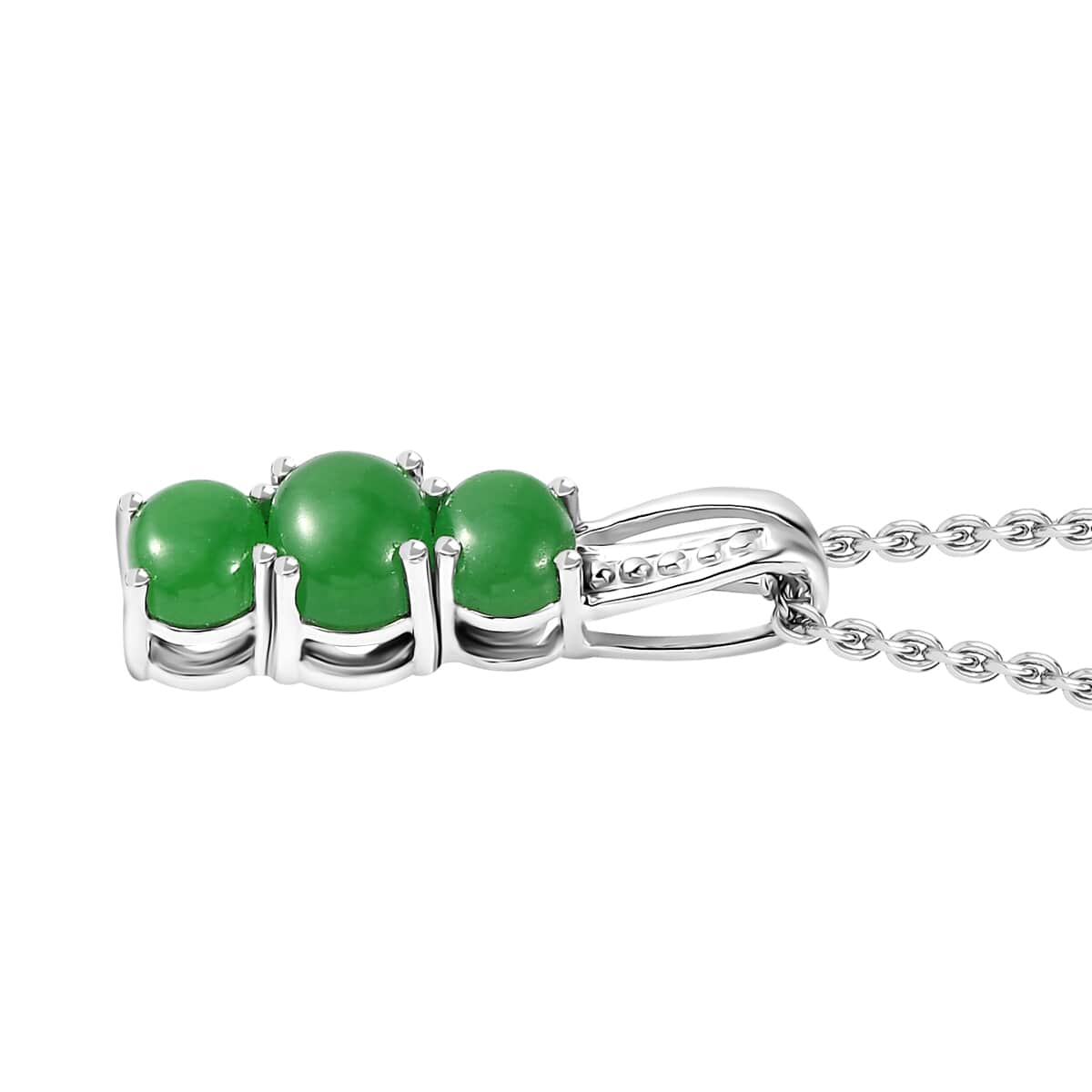 Green Jade (D) Stud Earrings, 3 Stone Ring (Size 5) and Pendant Necklace 20 Inches in Rhodium Over Sterling Silver 10.40 ctw image number 8