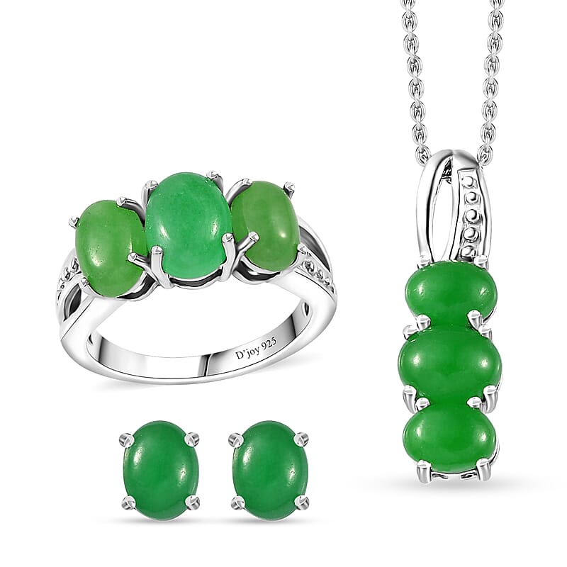 Green Jade (D) 10.00 ctw Stud Earrings, 3 Stone Ring (Size 7) and Pendant Necklace 20 Inches in Rhodium Over Sterling Silver