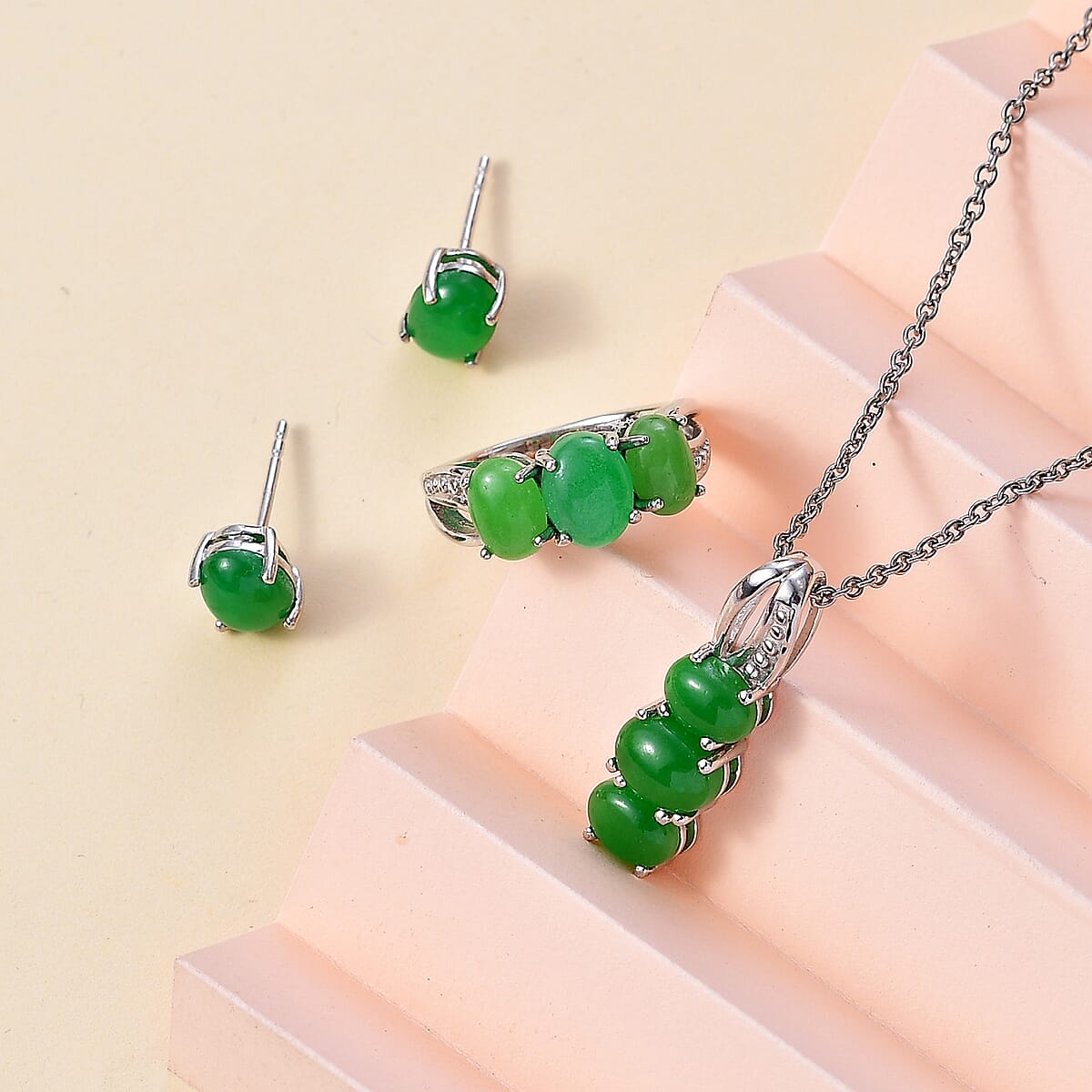 Green Jade (D) 10.00 ctw Stud Earrings, 3 Stone Ring (Size 7) and Pendant Necklace 20 Inches in Rhodium Over Sterling Silver image number 1