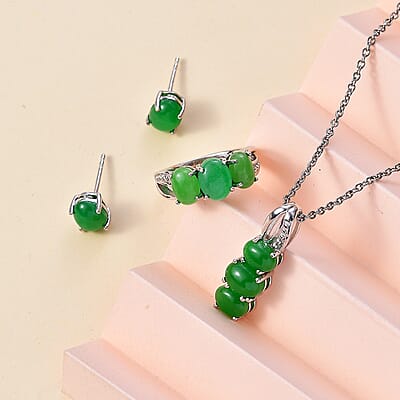 Green Jade (D) 10.00 ctw Stud Earrings, 3 Stone Ring (Size 7) and Pendant Necklace 20 Inches in Rhodium Over Sterling Silver