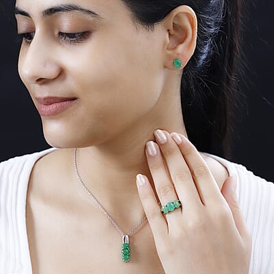 Green Jade (D) 10.00 ctw Stud Earrings, 3 Stone Ring (Size 7) and Pendant Necklace 20 Inches in Rhodium Over Sterling Silver