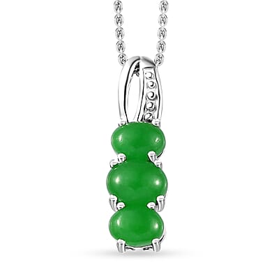 Green Jade (D) 10.00 ctw Stud Earrings, 3 Stone Ring (Size 7) and Pendant Necklace 20 Inches in Rhodium Over Sterling Silver