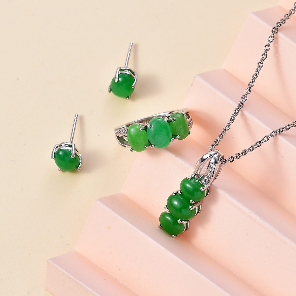 Green Jade (D) 10.00 ctw Stud Earrings, 3 Stone Ring (Size 11) and Pendant Necklace 20 Inches in Rhodium Over Sterling Silver image number 1