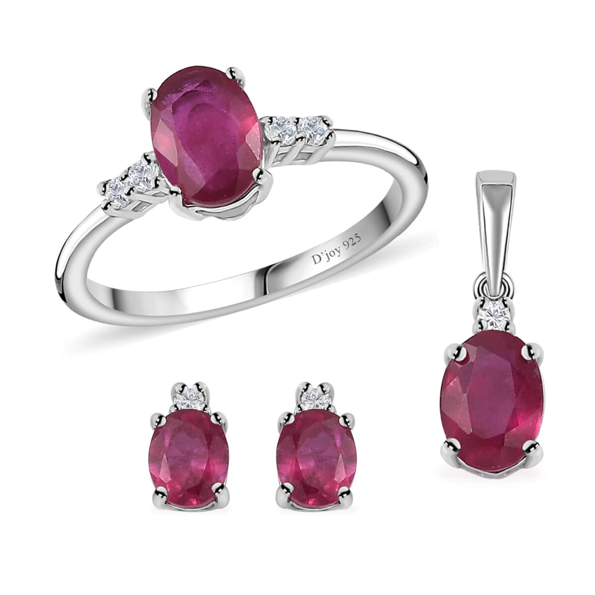 Niassa Ruby (FF), White Zircon Ring (Size 6.0), Pendant and Earrings in Rhodium Over Sterling Silver 3.85 ctw image number 0