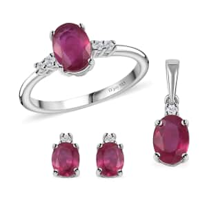 Niassa Ruby (FF), White Zircon Ring (Size 6.0), Pendant and Earrings in Rhodium Over Sterling Silver 3.85 ctw