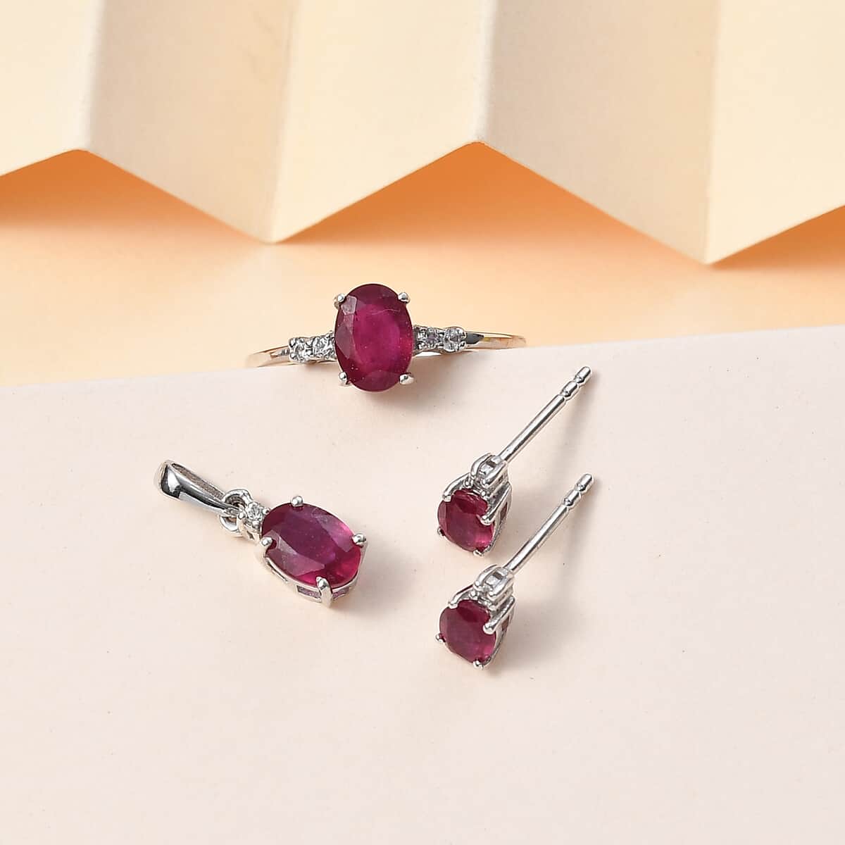 Niassa Ruby (FF), White Zircon Ring (Size 6.0), Pendant and Earrings in Rhodium Over Sterling Silver 3.85 ctw image number 1