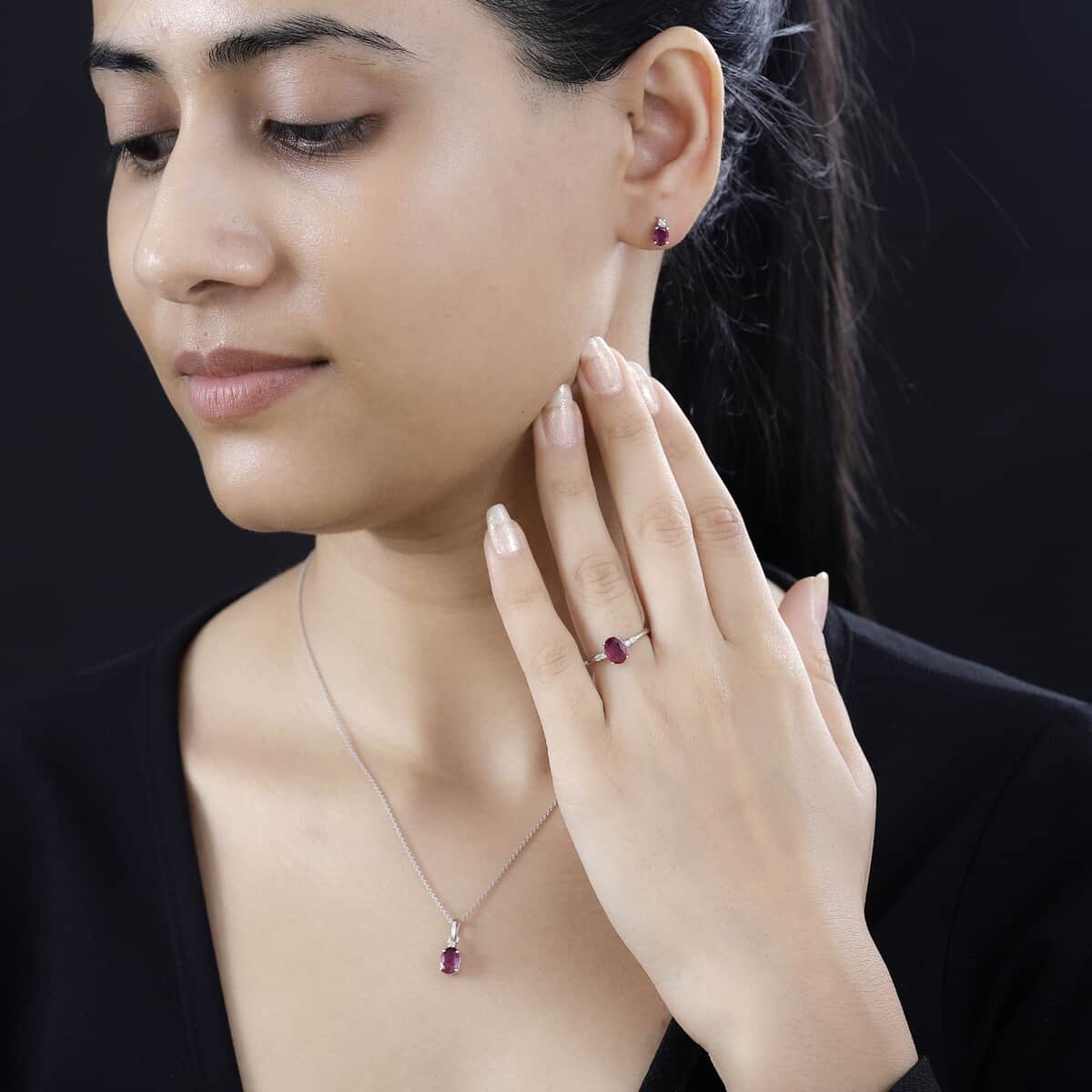 Niassa Ruby (FF), White Zircon Ring (Size 6.0), Pendant and Earrings in Rhodium Over Sterling Silver 3.85 ctw image number 2