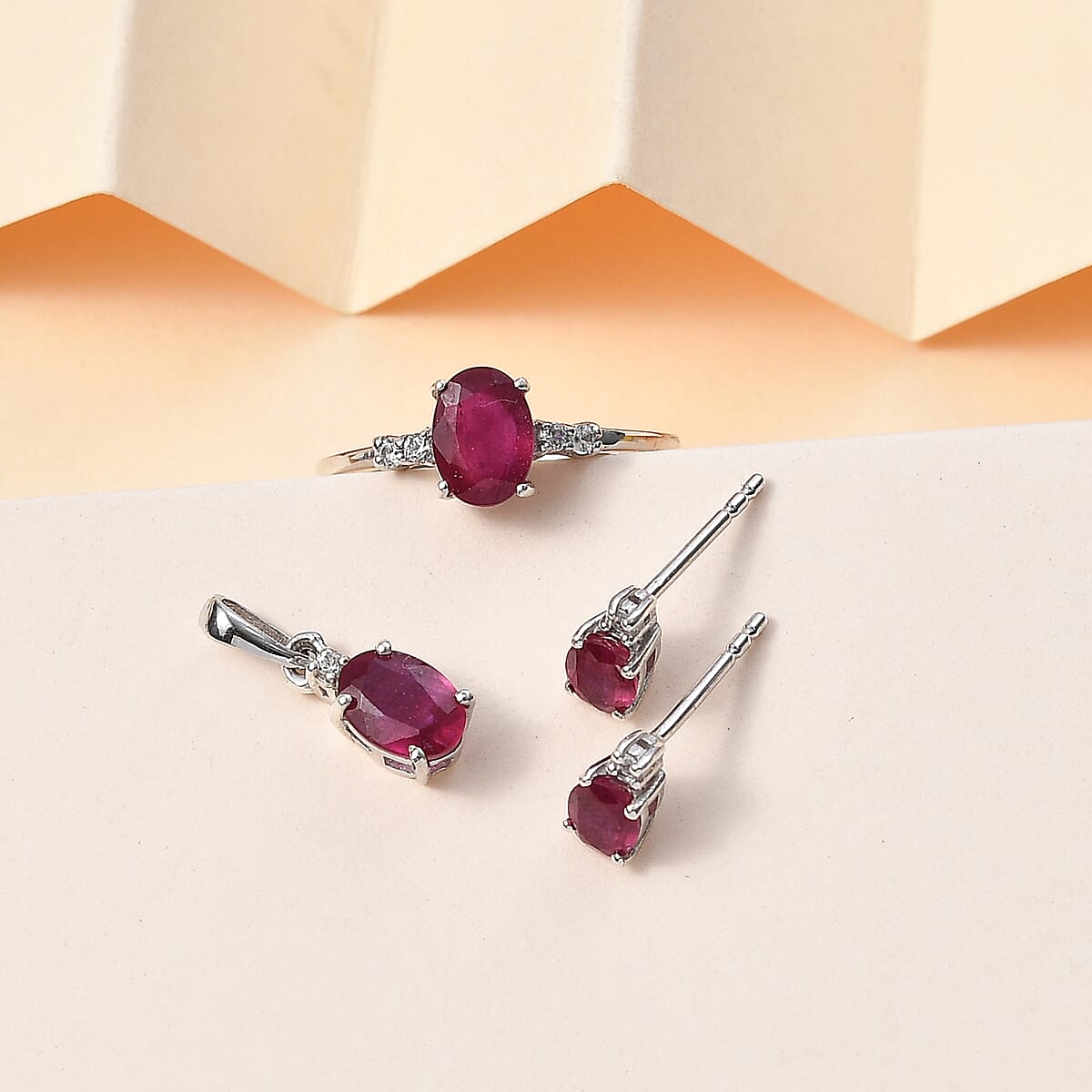 Niassa Ruby (FF), White Zircon Ring (Size 10.0), Pendant and Earrings in Rhodium Over Sterling Silver 3.85 ctw image number 1