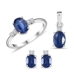 Kashmir Blue Kyanite, White Zircon Ring (Size 7.0), Pendant and Earrings in Rhodium Over Sterling Silver 3.25 ctw