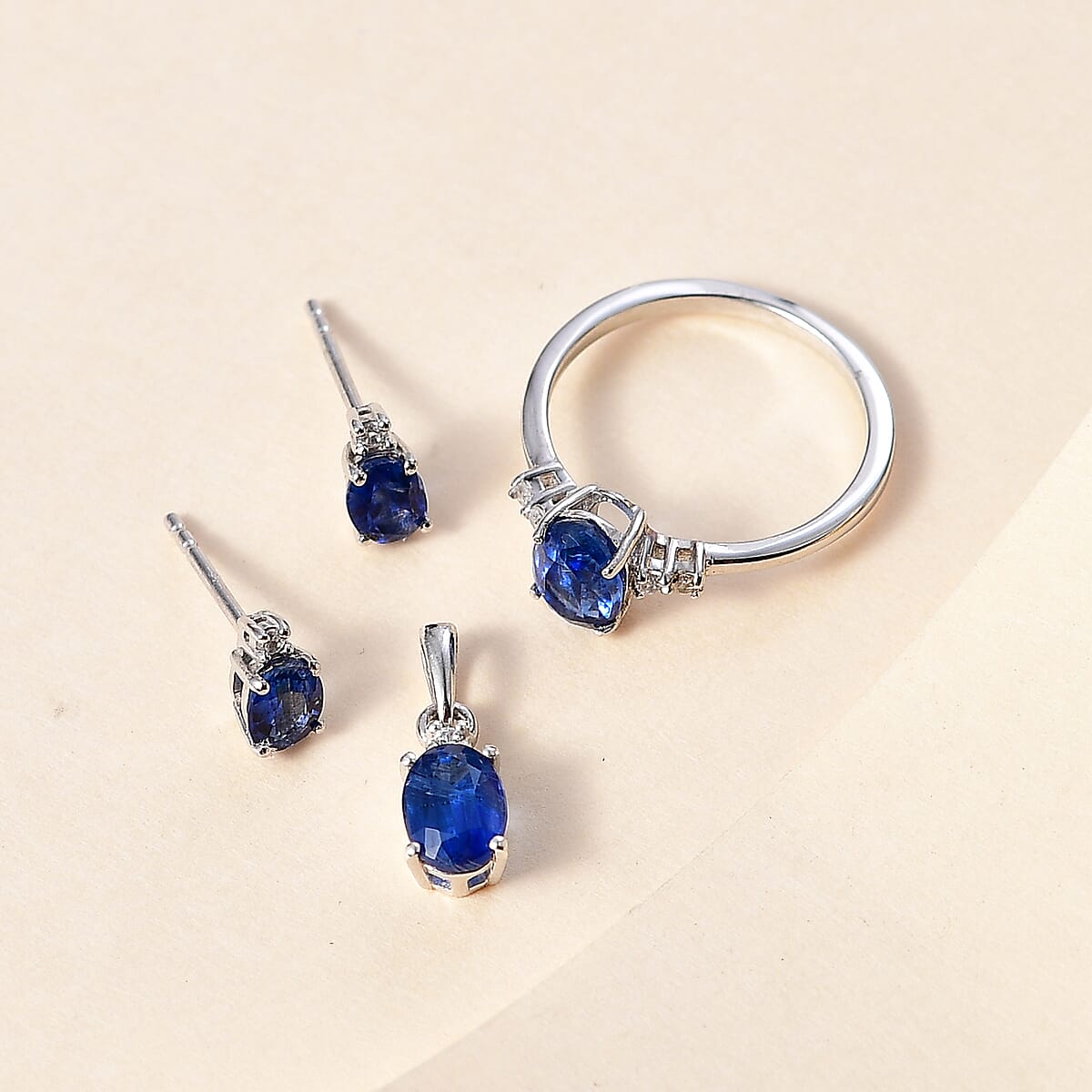 Kashmir Blue Kyanite, White Zircon Ring (Size 7.0), Pendant without Chain and Earrings in Rhodium Over Sterling Silver 3.25 ctw image number 1