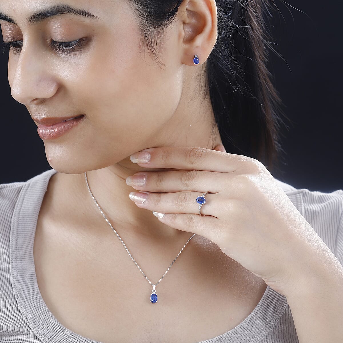 Kashmir Blue Kyanite, White Zircon Ring (Size 7.0), Pendant without Chain and Earrings in Rhodium Over Sterling Silver 3.25 ctw image number 3