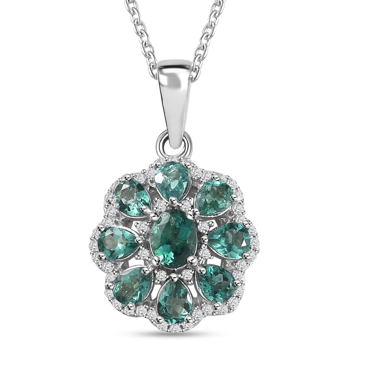 Indian Ocean Apatite and Moissanite Flower Pendant Necklace 20 Inches Platinum Over Sterling Silver 1.90 ctw image number 0