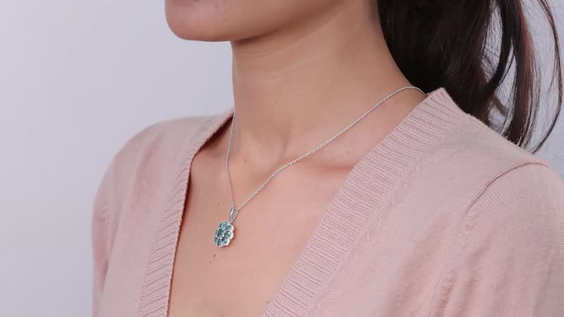Indian Ocean Apatite and Moissanite Flower Pendant Necklace 20 Inches Platinum Over Sterling Silver 1.90 ctw